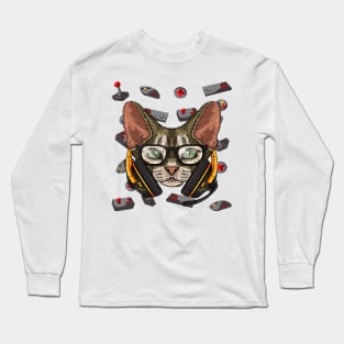 Gamer Devon Rex Gaming Cat Video Game Player Boys Kids Long Sleeve T-Shirt